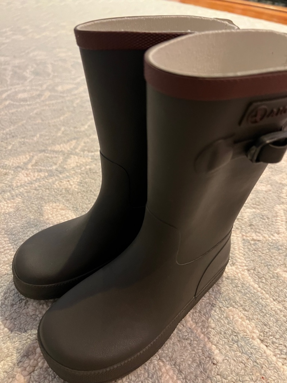 Aigle Kids  Rain Boots with Brown Trim and dark olive green